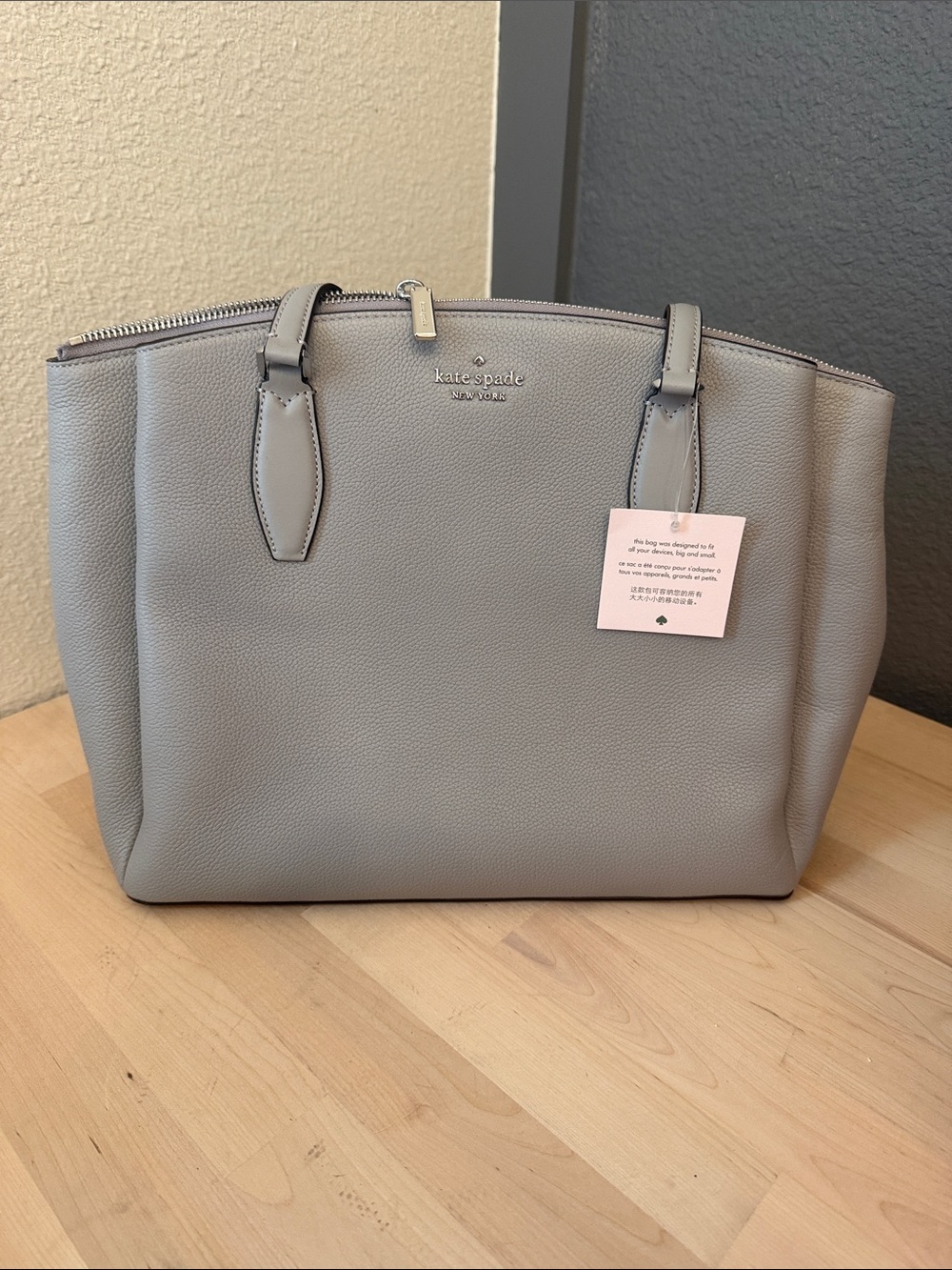 kate spade light gray pebbled leather tote